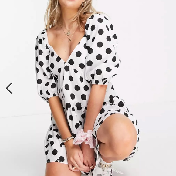 New S 4 ASOS DESIGN Cotton Tall Tiered Mini Smock Dress Polka Spot Puff Sleeve - Picture 3 of 4